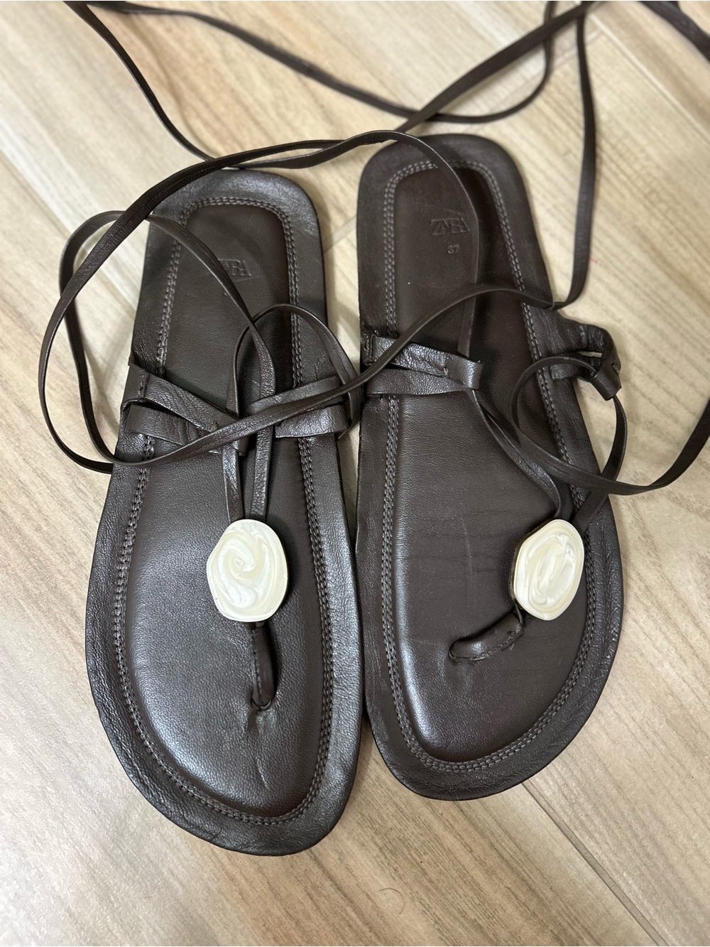 Zara Brown Leather Lace-Up Thong Sandals with Cream Swirl Accent